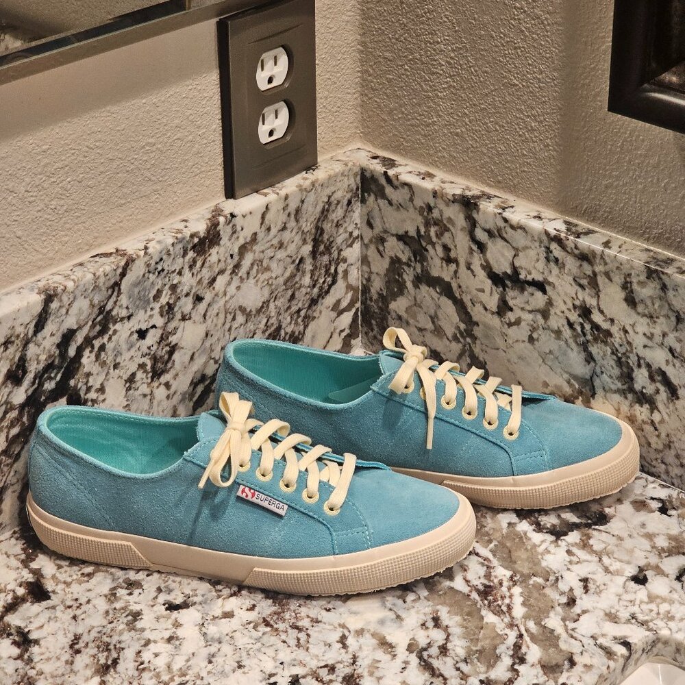 Ladies SUPERGA Aqua/Turquoise Blue Suede Leather Sneakers